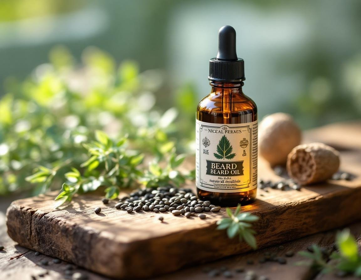Flacon d’huile de barbe à l’huile de nigelle sur planche rustique, entouré de graines et de feuilles, évoquant ses bienfaits purifiants, antioxydants et hydratants pour une barbe saine et douce.