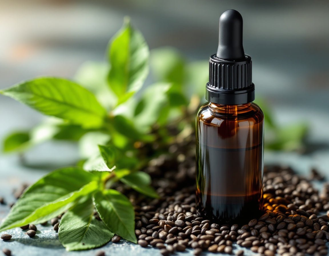 Flacon d’huile de nigelle pure entouré de graines de cumin noir et de feuilles vertes, éclairé par une douce lumière naturelle pour sublimer sa texture végétale.