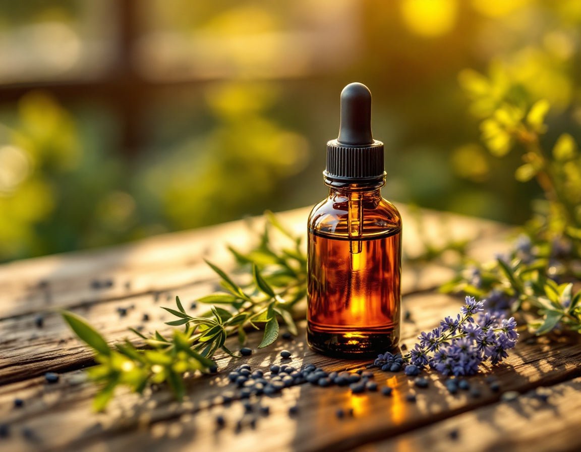 Flacon d’huile de nigelle sur une table en bois, entouré de graines et de tiges vertes sous lumière dorée. L’huile de nigelle témoignage incarne soin, force et élégance pour la barbe.