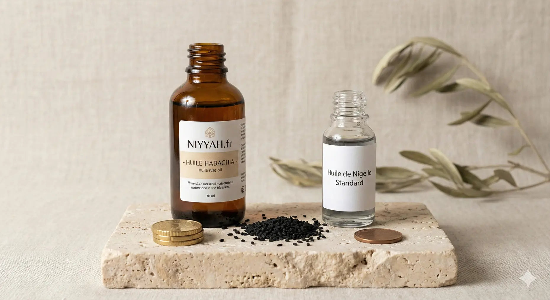 Flacon d'huile de nigelle premium NIYYAH et compléments alimentaires mis en scène sur une pierre brute, illustrant l'importance de la qualité et de l'origine certifiée pour justifier le prix d'un soin naturel d'exception. Image