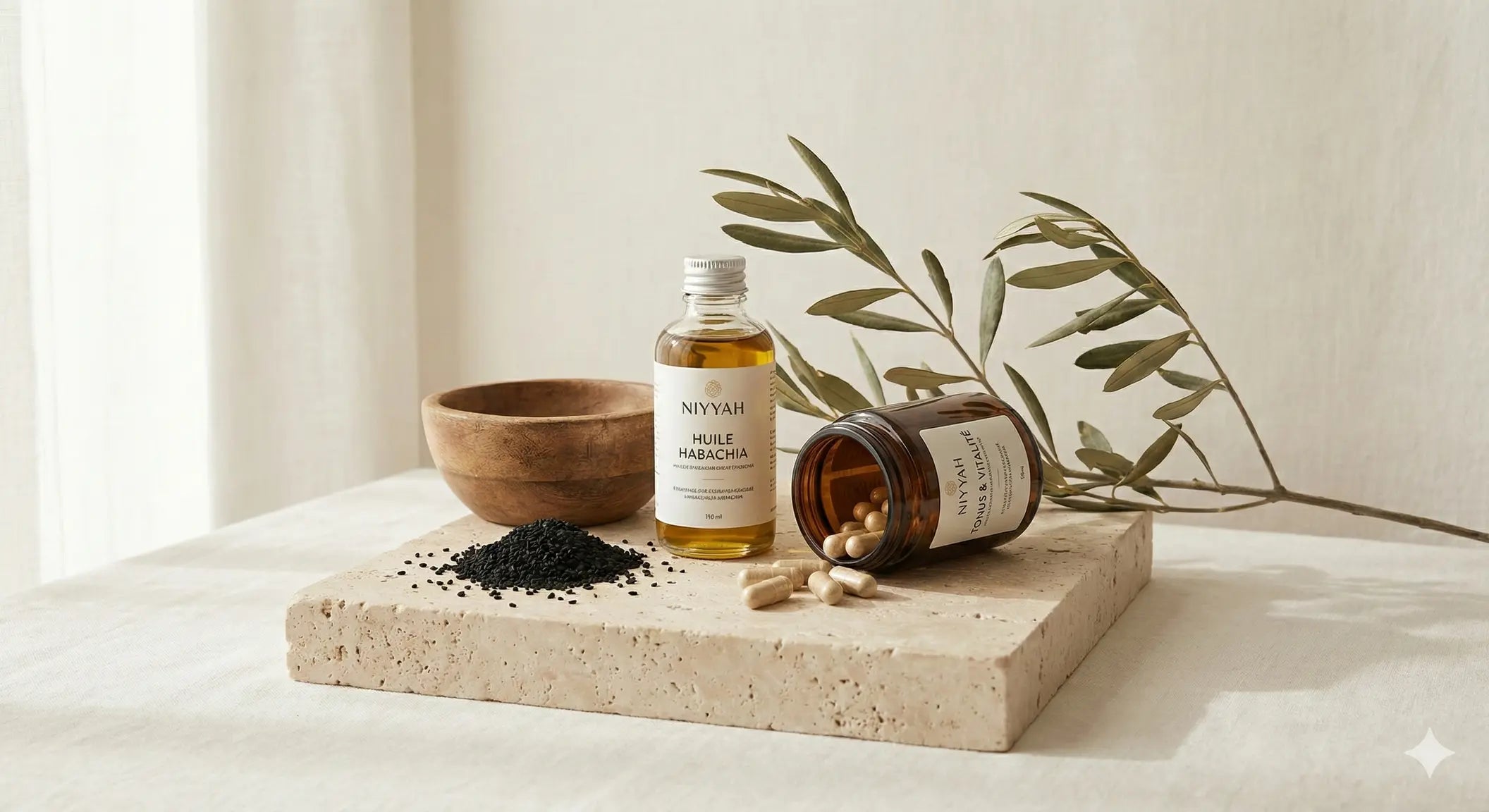 Mise en scène minimaliste et naturelle des produits NIYYAH : un flacon d'huile de nigelle Habachia premium Image