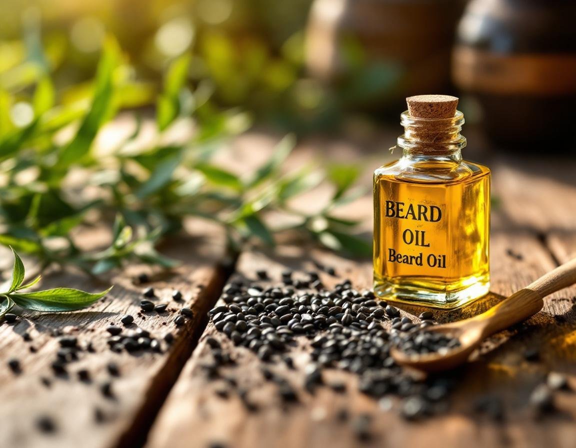 Flacon d’huile de barbe sur bois rustique, entouré de graines de nigelle et de brins verts, baigné d’une lumière dorée, illustrant les bienfaits nourrissants et apaisants de la graine de nigelle. Image