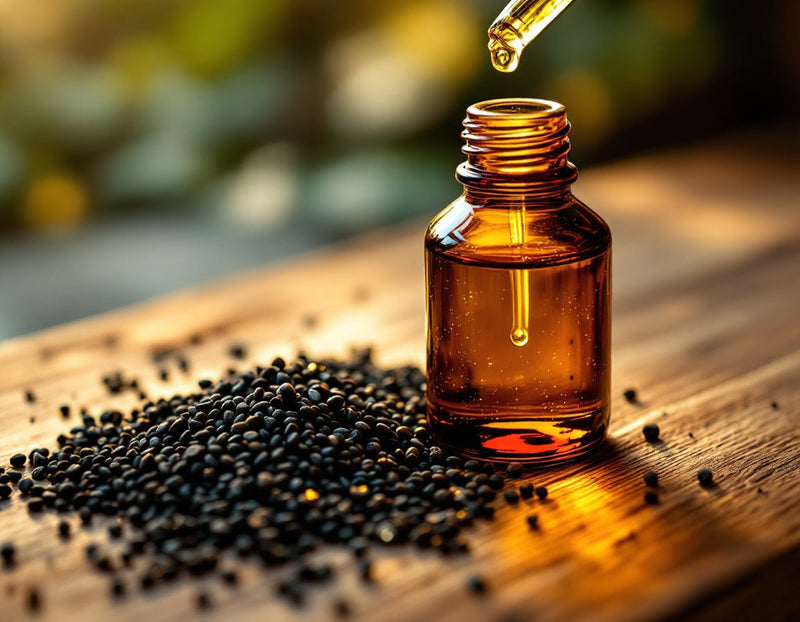Flacon ambré d'huile de nigelle posé près d'une pipette dégoulinante sur une table en bois, évoquant l'idée de boire de l'huile de nigelle tous les jours pour un rituel bien-être.