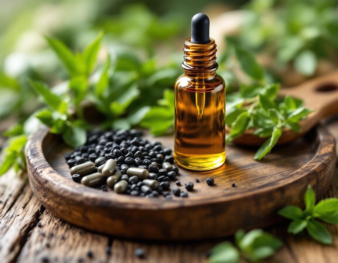 Un plateau en bois rustique présente des capsules d’huile de nigelle et un flacon d’huile de barbe ambrée posé parmi des feuilles de nigelle et herbes, évoquant l’huile de nigelle capsule Image
