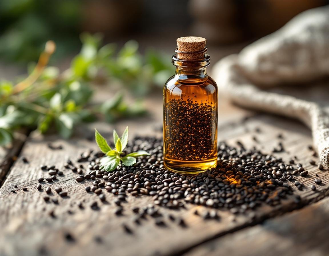 Ambiance rustique mettant en scène une capsule huile de nigelle posée sur une table en bois, entourée de graines de nigelle et de plantes, éclairage naturel doux.