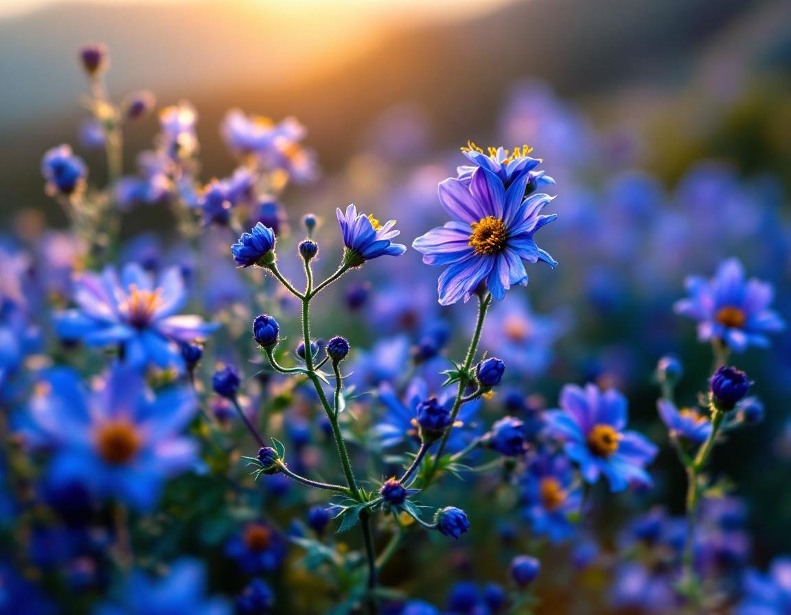 Nigelle éthiopienne en terrasses baignées de lueur dorée, graines et fleurs étoilées évoquent un complément alimentaire vitamine naturel, ambiance organique et macro botanique authentique. Image