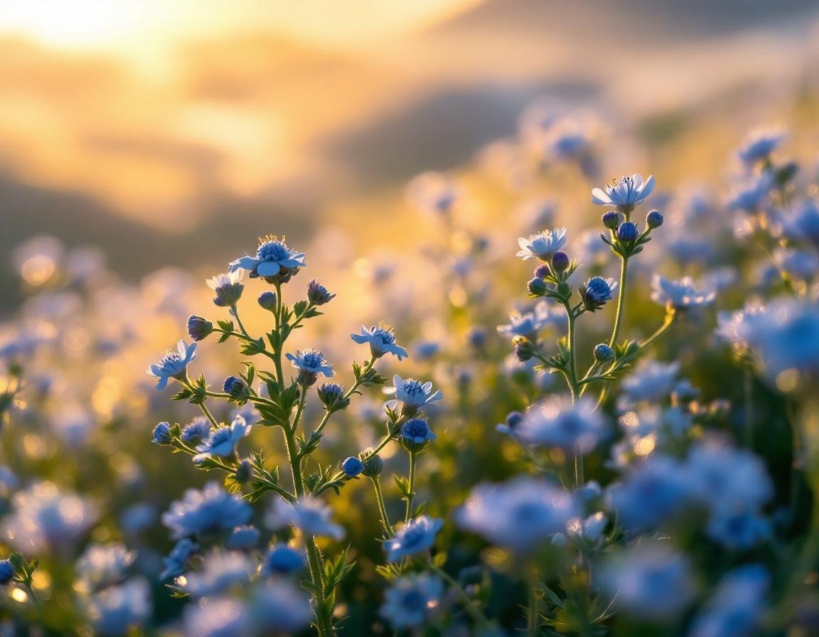 Une gélule d’huile de nigelle évoquée au milieu de fleurs bleu pâle et graines luisantes sur les hauts plateaux éthiopiens au lever du soleil. Image