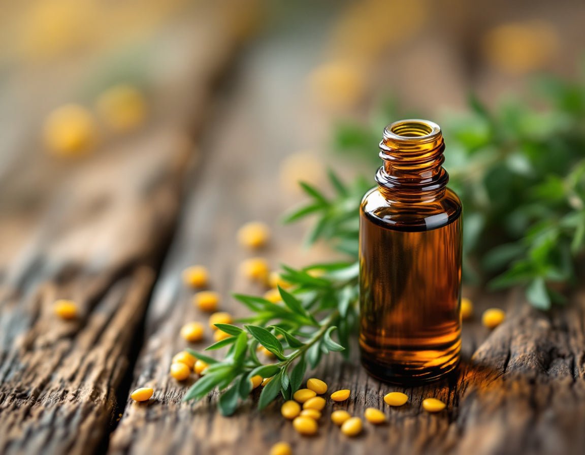 Flacon en verre ambré d'huile bio de nigelle pour barbe sur bois rustique, entouré de brindilles et graines dorées, éclairé par une lumière naturelle douce. Image