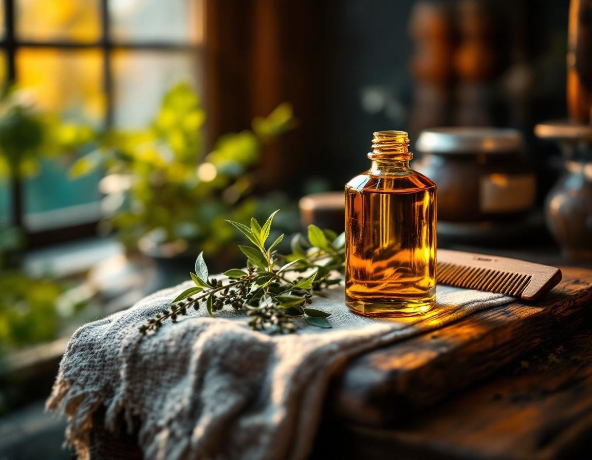 Étagère en bois vintage avec un flacon d’huile de barbe homme en verre ambré, entouré de brindilles végétales et d’un peigne rustique, baigné d’une lumière dorée chaleureuse.
