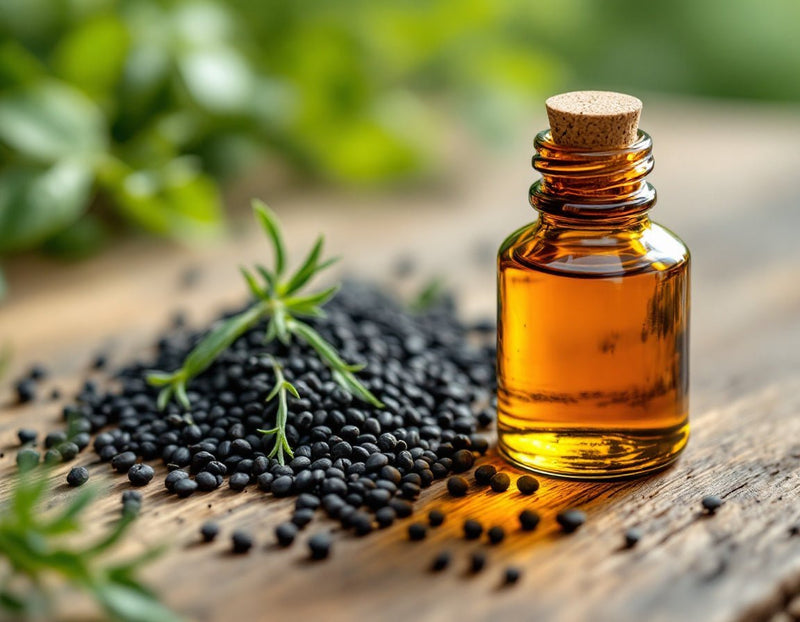 Flacon en verre ambré d’huile de nigelle alimentaire posé sur une table en bois rustique, entouré de graines noires et de brins d’herbes vertes, éclairage naturel doux, mise au point réduite.
