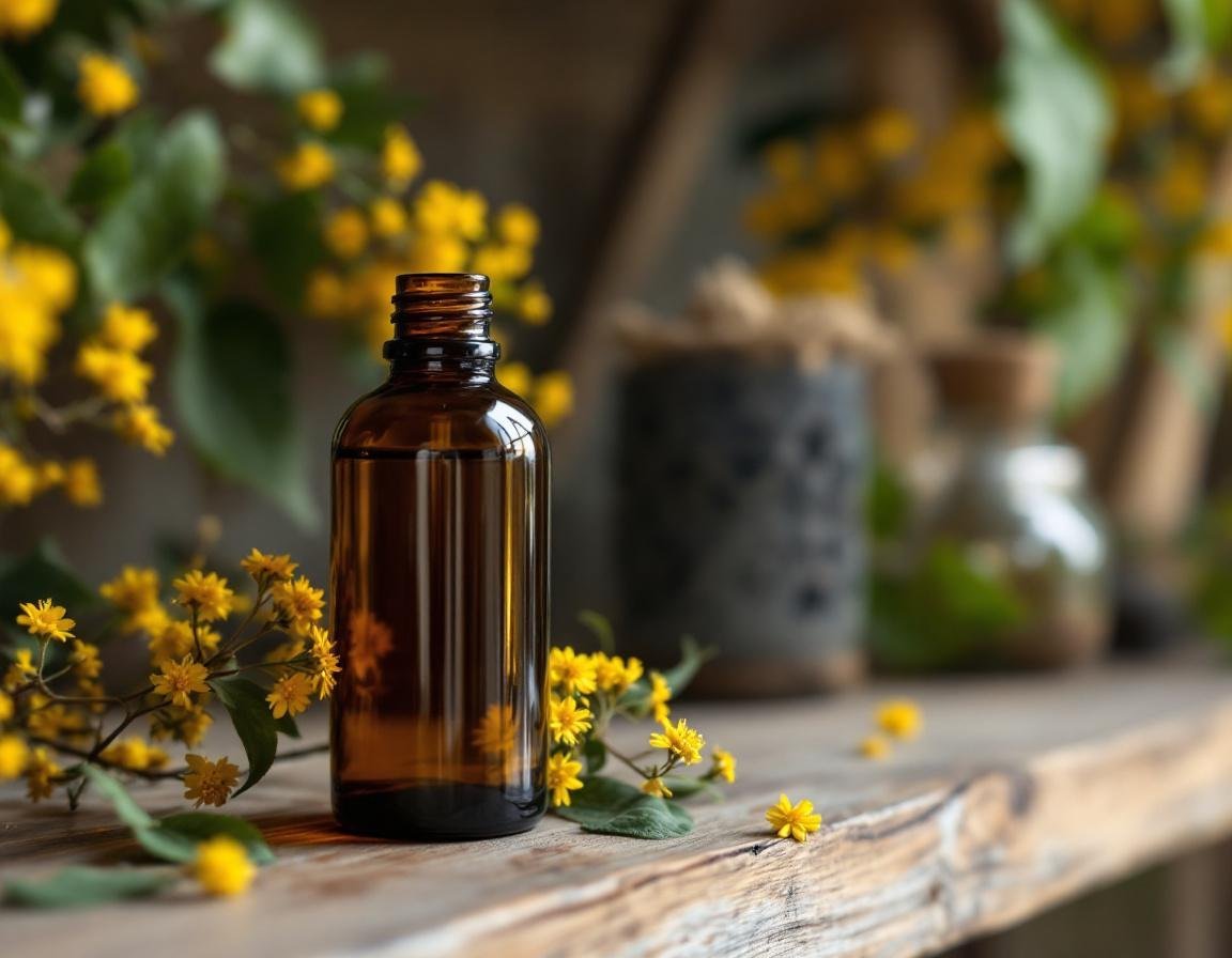 Bouteille en verre ambré d’huile de nigelle pour barbe posée sur une étagère rustique entourée de fleurs et feuilles de nigelle. L’huile de nigelle nourrit, apaise et favorise une barbe saine. Image