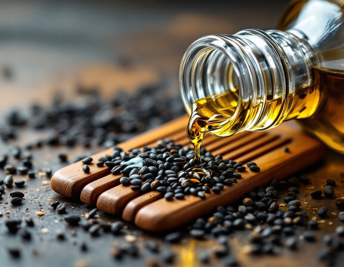 Flacon d’huile de nigelle bio posé sur un peigne à barbe en bois, gouttes d’or liquide et graines de nigelle pour un rituel soin végétal raffiné.