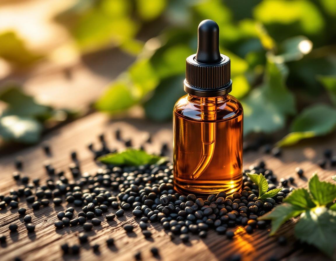 Un flacon élégant d'huile de nigelle cheveux posé sur un plateau en bois, entouré de graines noires et de feuilles vertes, baigné d'une lumière dorée évoquant soin naturel et bien-être capillaire. Image