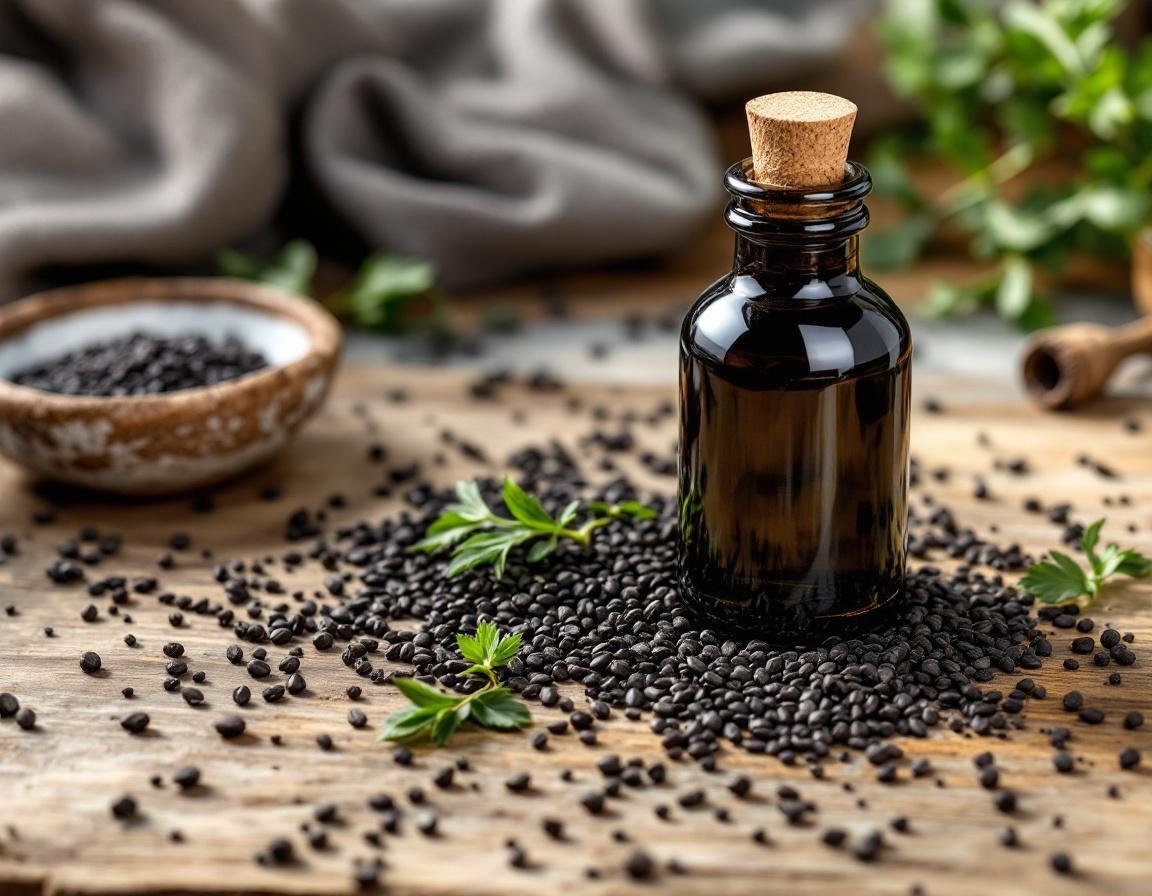 Bouteille en verre noir posée sur table en bois, entourée de graines de cumin noir et de brins d'herbes fraîches, illustrant l'huile de nigelle comestible dans une ambiance naturelle et apaisante. Image