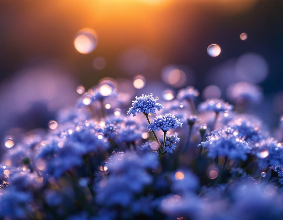 Plongée végétale sur l’univers de la nigelle éthiopienne, graines noires luisantes et fleurs étoilées baignées de rosée matinale, évoquant les contre-indications de l’huile de nigelle. Image