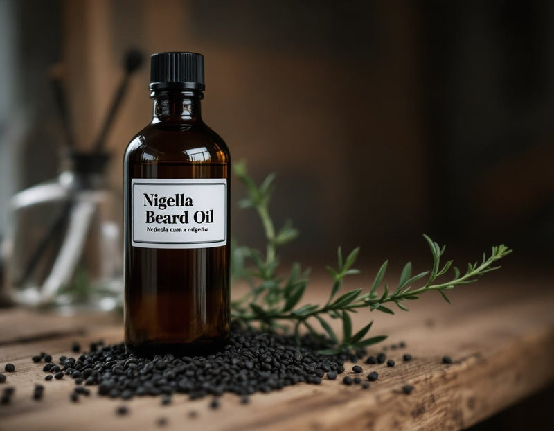 Bouteille ambrée d’huile de nigelle posée sur une étagère en bois, mise en valeur par graines de cumin noir et brins de nigelle, soulignant l’aspect huile de nigelle dangereux.