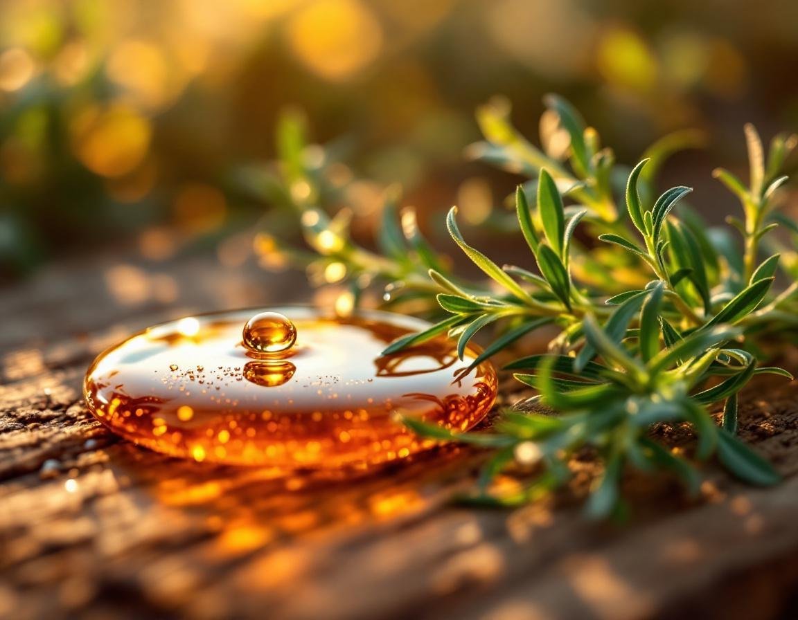 Gros plan sur une goutte d’huile de nigelle sur la peau appliquée en douceur, entourée de brins de nigelle et de bois de cèdre chaleureux sous une lumière dorée
