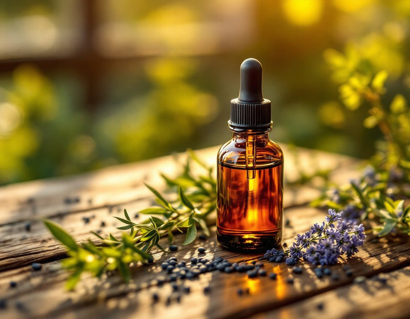 Flacon d’huile de nigelle sur une table en bois, entouré de graines et de tiges vertes sous lumière dorée. L’huile de nigelle témoignage incarne soin, force et élégance pour la barbe.