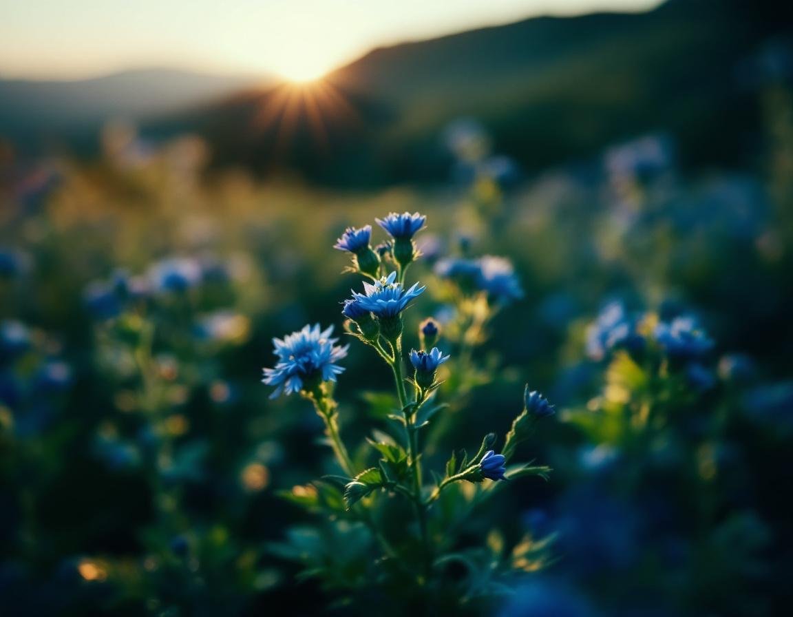 Une éruption de bleu et de noir révèle un champ éthiopien de nigelle sous une lumière dorée, évoquant l’huile de nigelle visage tache brune et l’univers organique des graines et fleurs délicates. Image