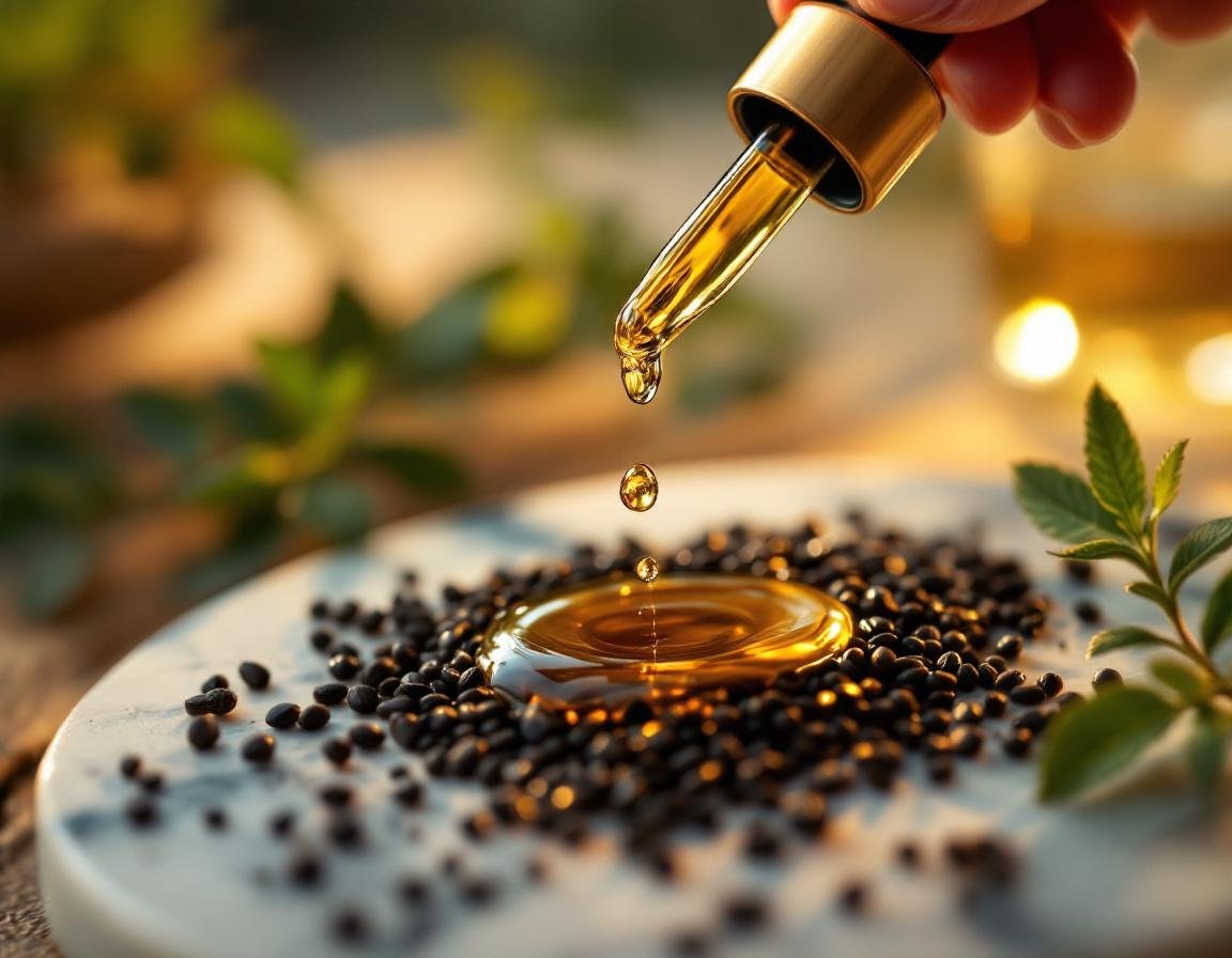 Un flacon en verre ouvre un goutte-à-goutte vers un plateau en marbre, entouré de graines et feuilles de nigelle, évoquant l’élégance d’une huile de nigelle visage pure. Image