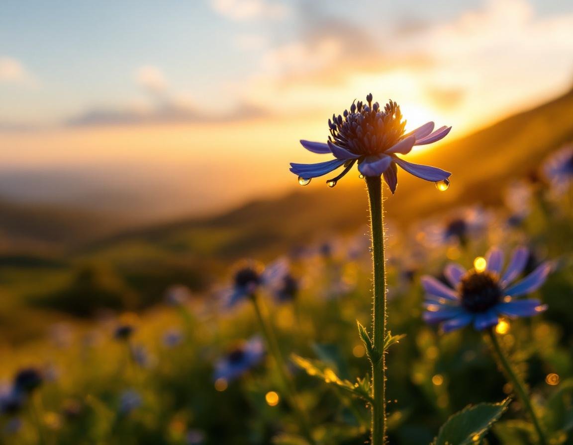 Scène matinale sur les hauts plateaux éthiopiens où les graines noires de nigelle scintillent de gouttes d’huile végétale dorée, encadrées de fleurs bleues étoilées dans une lumière chaude Image
