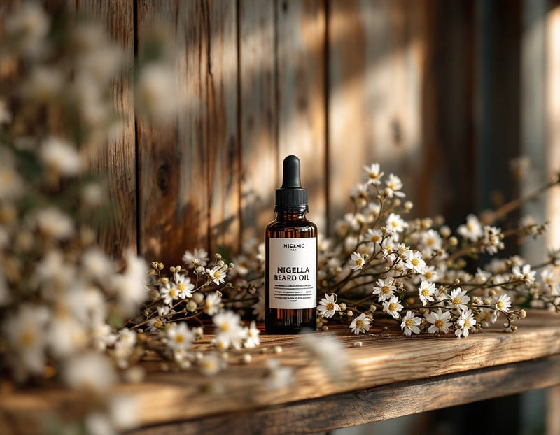 Flacon givré d’huile de nigelle bio posé sur une étagère en bois rustique, entouré de fleurs de nigelle fraîches, baigné d’une douce lumière naturelle pour un univers authentique.