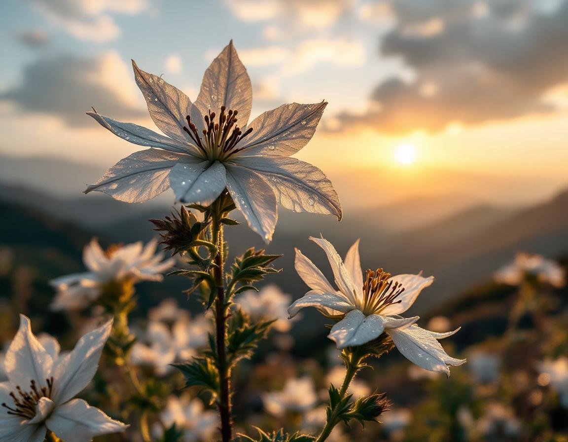 Un paysage éthiopien baigné de lumière dorée dévoile champs de nigelle étoilée, graines luisantes et gouttes d'huile de nigelle sublimant les fleurs délicates. Image