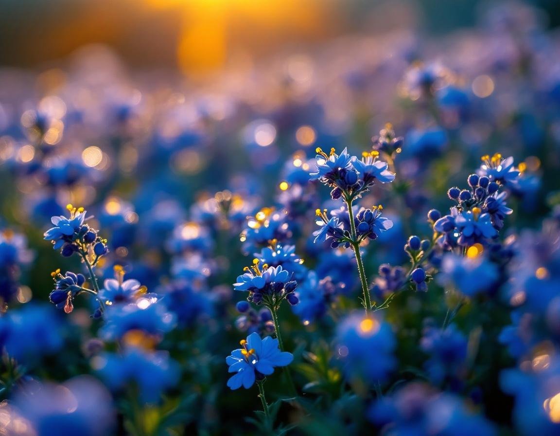 Un champ de nigelle éthiopienne baigné par un soleil doré, fleurs étoilées et graines noires évoquant le meilleur huile a barbe, gouttes d’or magnifiant l’univers végétal et authentique. Image