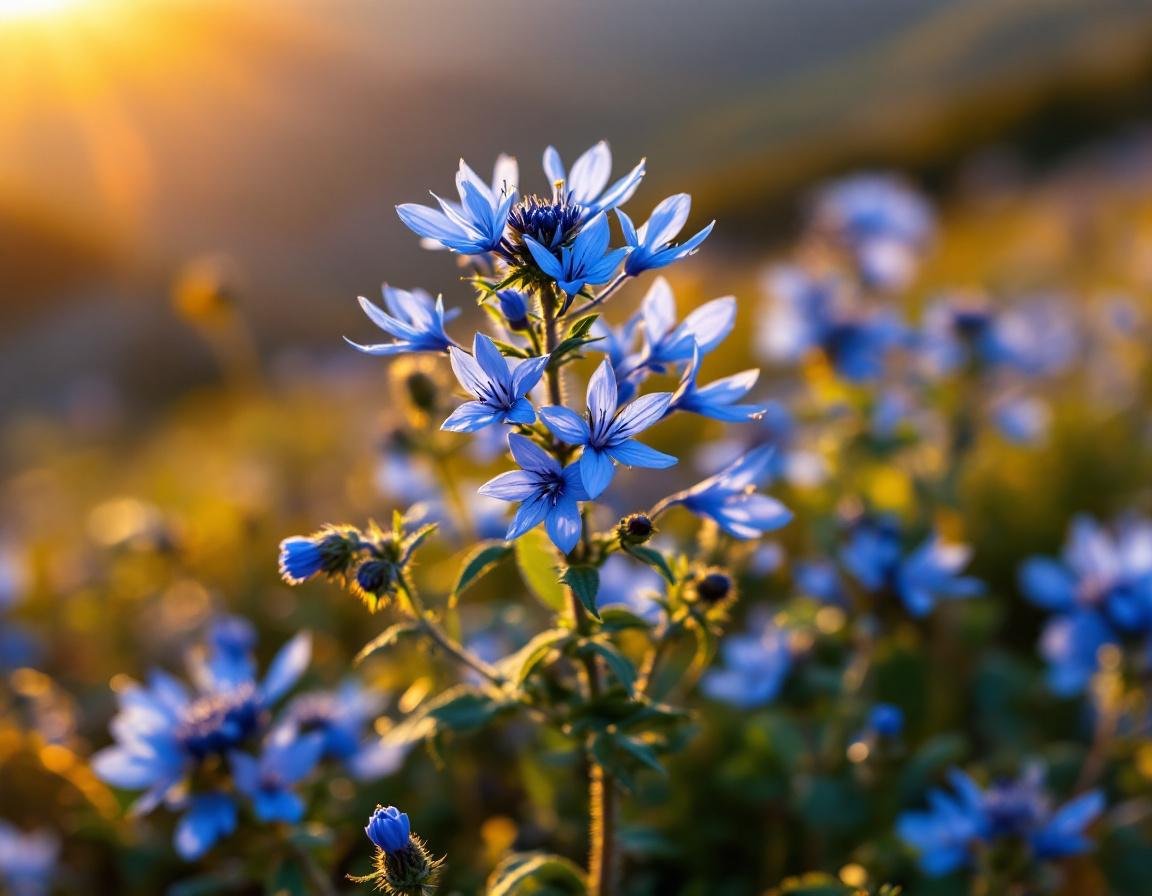 Un peigne en bois délicatement posé parmi des fleurs de nigelle bleues étoilées et des graines noires luisantes, imprégné de la lumière dorée des hauts plateaux éthiopiens. Image