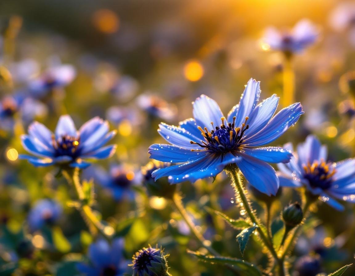 Une scène végétale éthiopienne où la nigelle déploie ses fleurs étoilées bleues et ses graines noires, évoquant la valeur et le prix de l’huile de nigelle dans un paysage matinal doré. Image