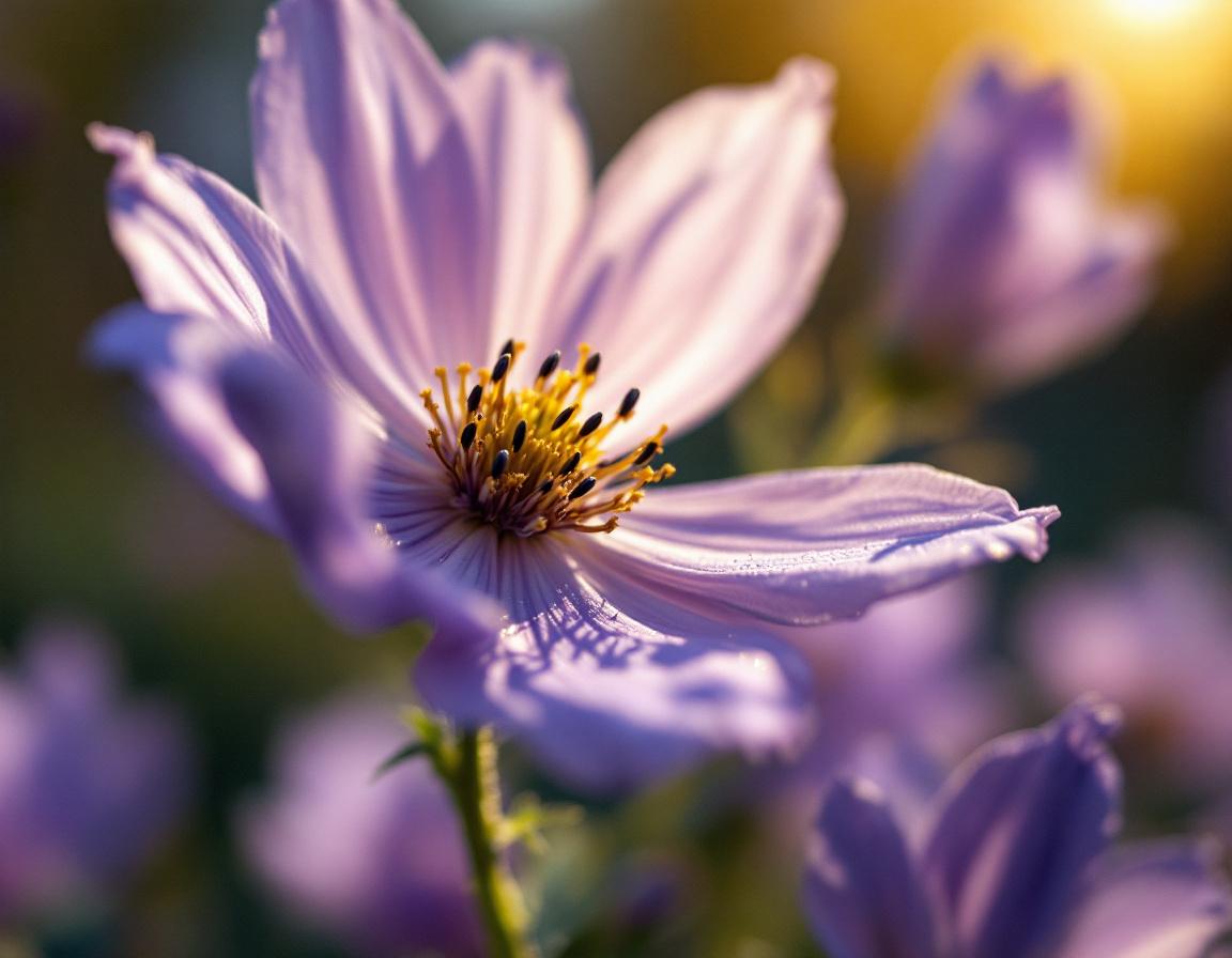 Des fleurs de nigelle éthérées s’épanouissent parmi des graines noires tandis qu’une huile de barbe parfumée scintille en perles précieuses sur les pétales, baignant dans une douce lumière matinale. Image