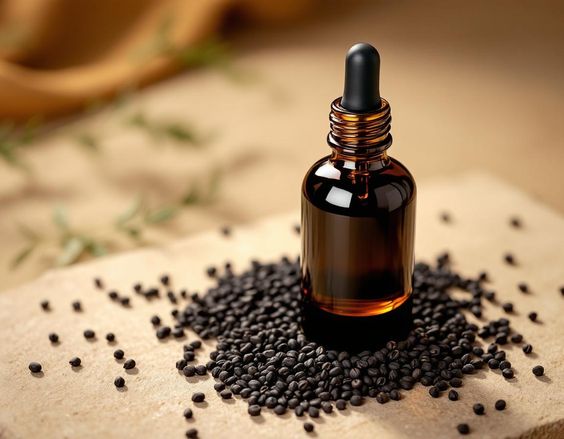 Mise en scène d’une meilleure huile de nigelle dans un flacon en verre sophistiqué, huile dorée et graines dispersées, évoquant soin beauté naturel et bien-être authentique. Image