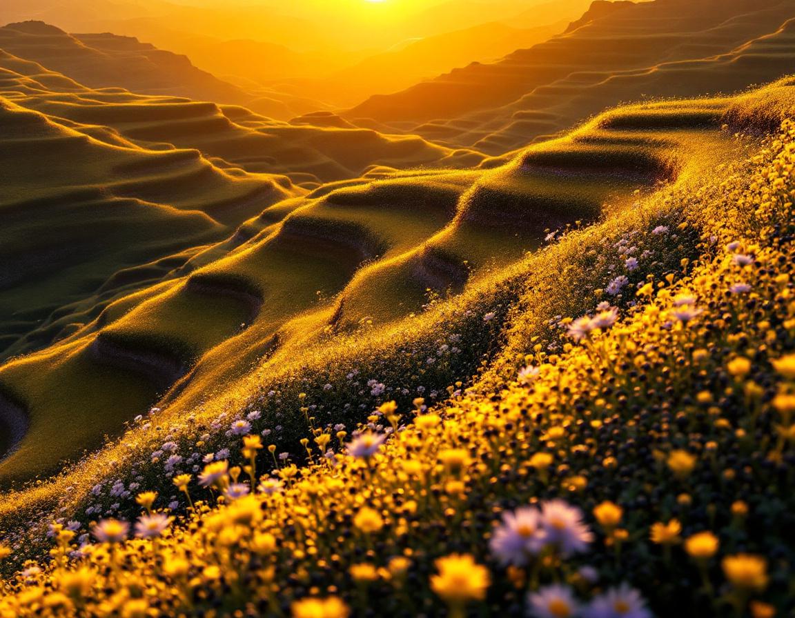 Ambiance naturelle aux terrasses éthiopiennes où la nigelle s’épanouit, graines noires brillantes évoquant un complément alimentaire pharmacie, fleurs délicates sous une lumière dorée, terre et argile rustique. Image