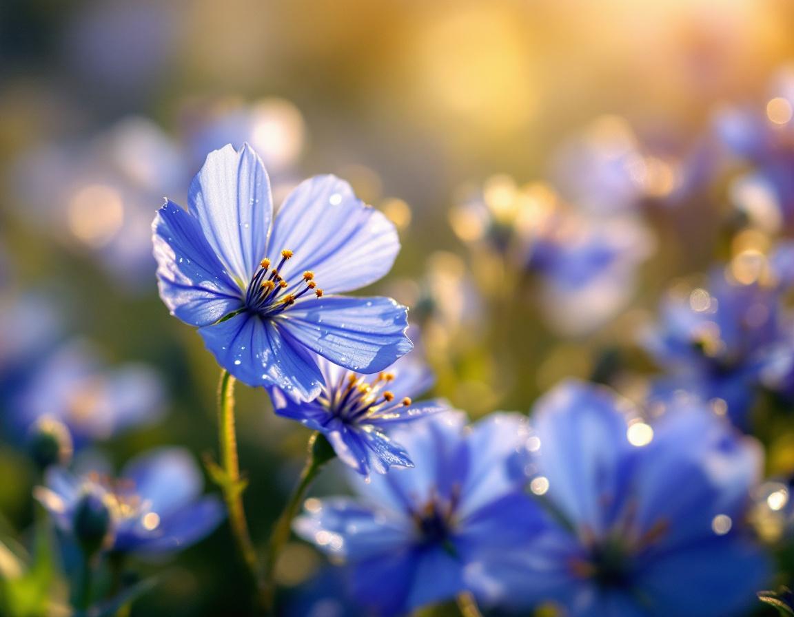 Une prairie matinale où s’épanouissent des fleurs de nigelle aux tons indigo, évoquant les chanvre bienfaits à travers une ambiance végétale riche en textures délicates et en rosée scintillante. Image