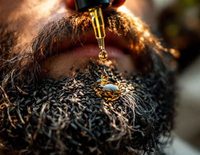 Scène élégante montrant une huile à barbe à quoi ça sert pour nourrir et adoucir les poils, gouttes dorées, graines de nigelle, ambiance naturelle et soin beauté / bien-être.