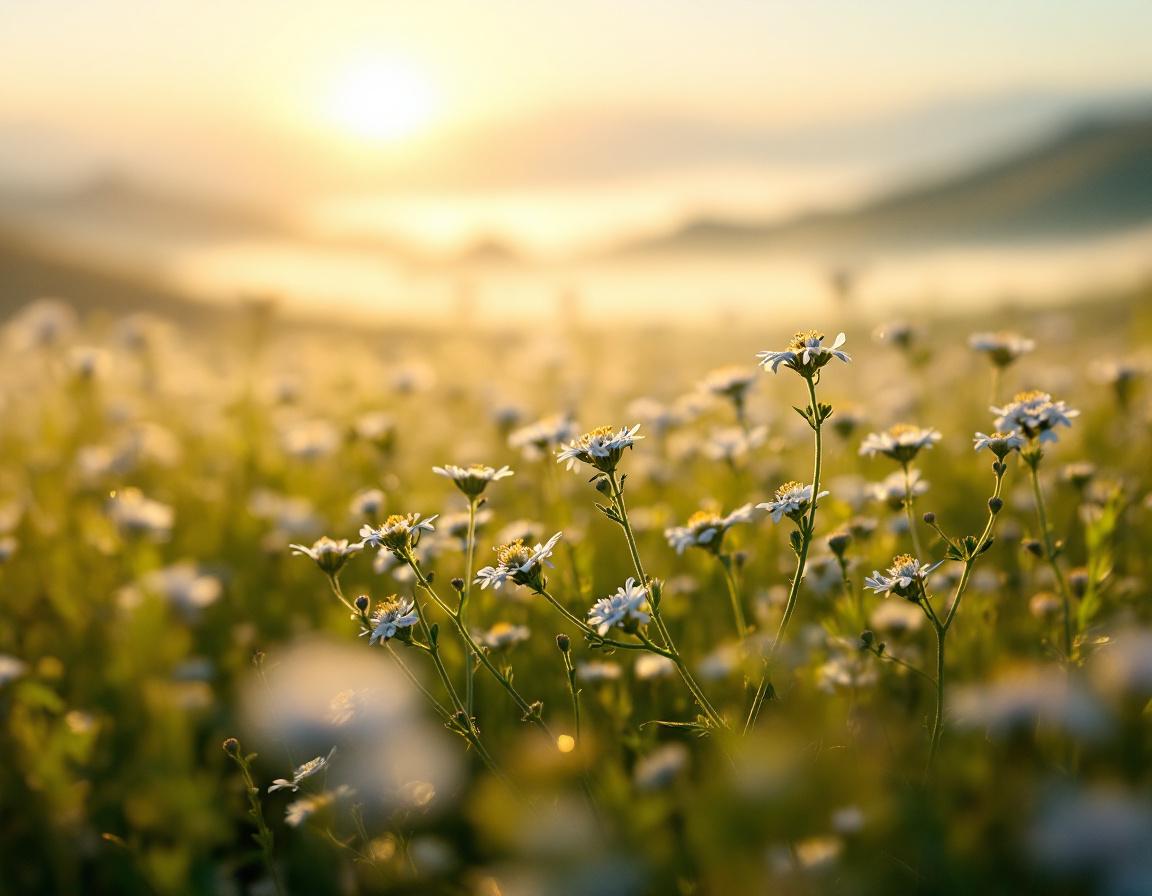 Une ambiance matinale enveloppe une étendue de fleurs de nigelle aux pétales délicats, graines sombres luisant d’huile ; évoquant huile de nigelle lyon et l’univers végétal vibrant. Image