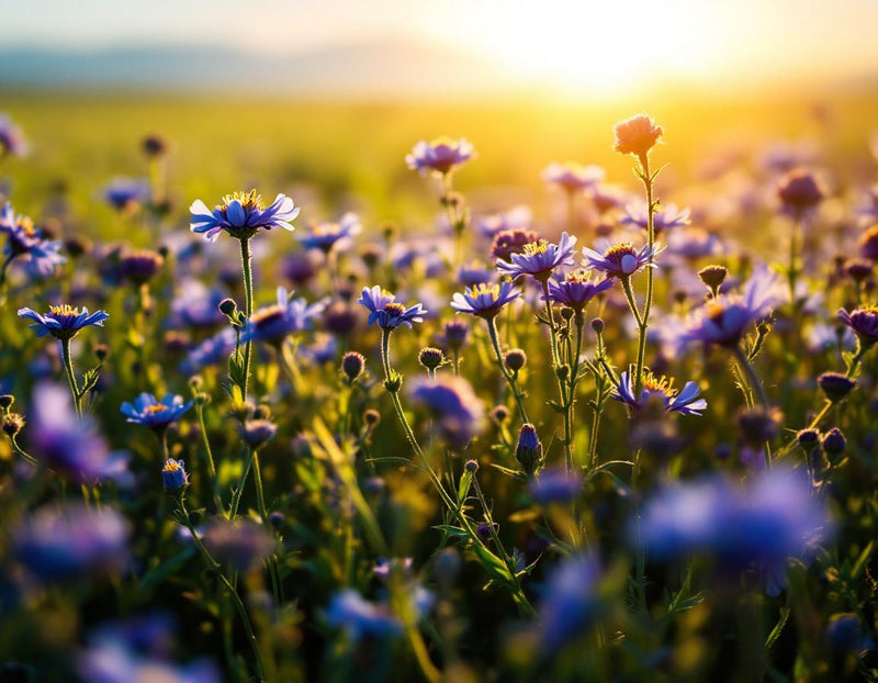 Des fleurs de nigelle baignées d’une lumière naturelle et chaleureuse sur les plaines éthiopiennes, leurs pétales irradiant une vitalité profonde dans un monde végétal serein.