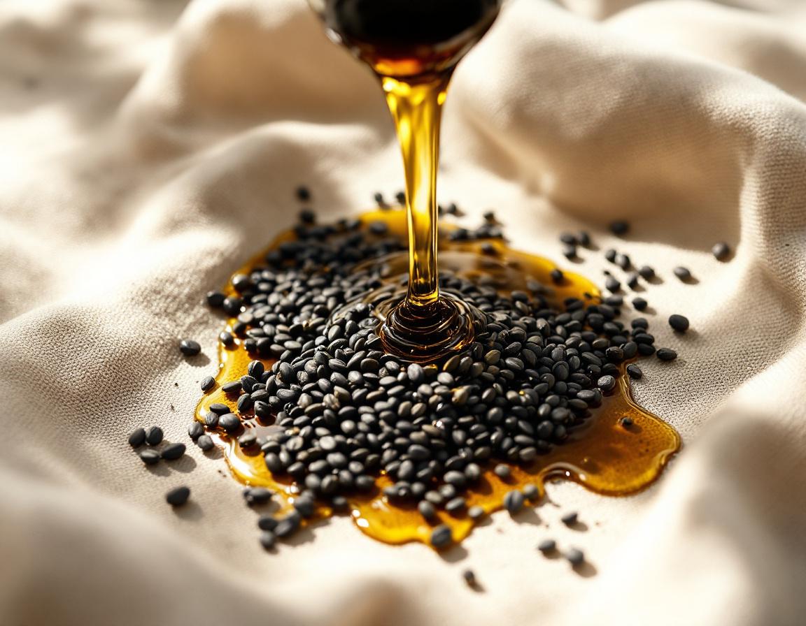 Un flacon élégant d'huile de nigelle délicatement versée sur des fleurs et graines de nigelle, posé sur un tissu beige, baigné d'une lumière douce pour souligner son pouvoir naturel et bien-être cosmétique.