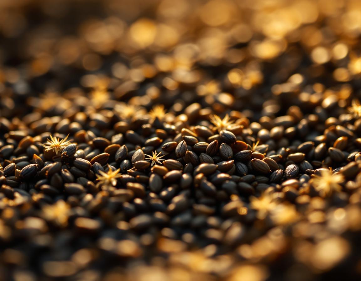 Dans une ambiance d’aroma zone, des graines de nigelle éparses sous un soleil naturel chaleureux dévoilent un univers végétal délicat et mystérieux. Image