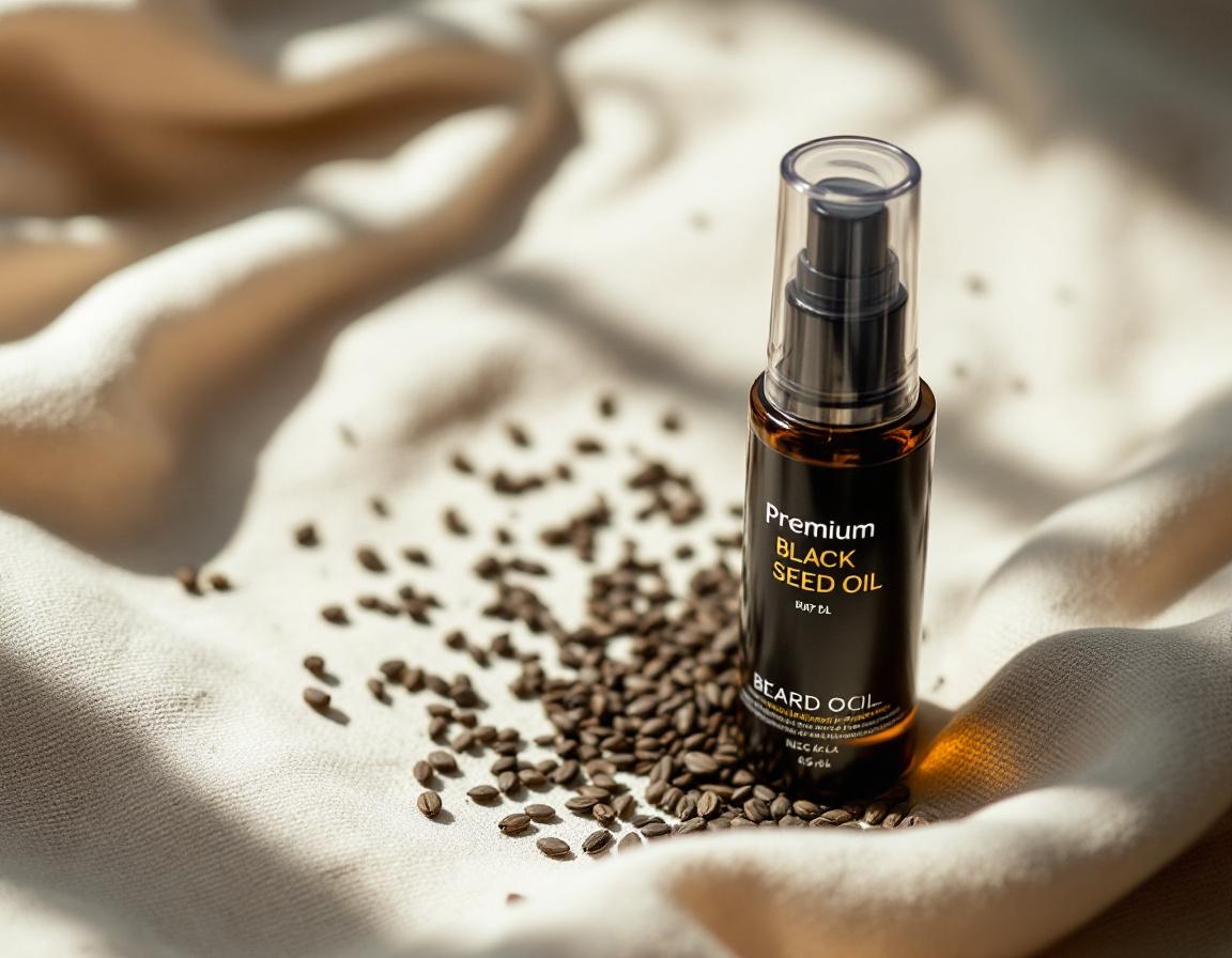 Flacon d’huile de barbe à la nigelle sur linge beige, graines noires éparpillées, invitant à acheter de l’huile de barbe pour un rituel beauté naturel et élégant. Image