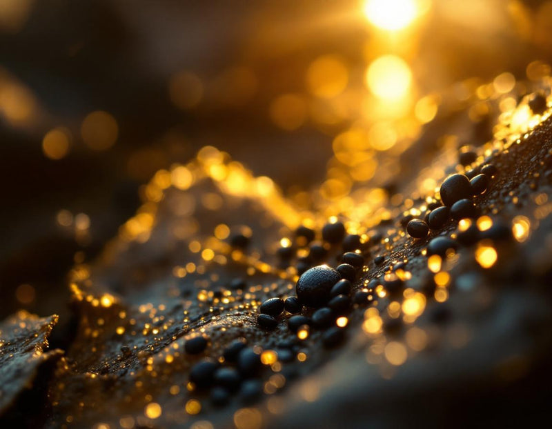 Une aurore dorée révèle un tapis de pétales de nigelle et de graines noires luisantes, chaque goutte perlée évoquant la pureté minérale du zinc bisglycinate dans un silence végétal.