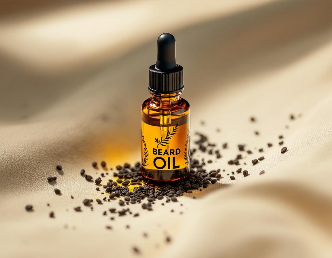 Flacon d’huile de barbe au précieux extrait de graines de nigelle, posé sur un tissu beige, éclairé d’une lumière douce pour souligner son aspect naturel et ses vertus nourrissantes. Image