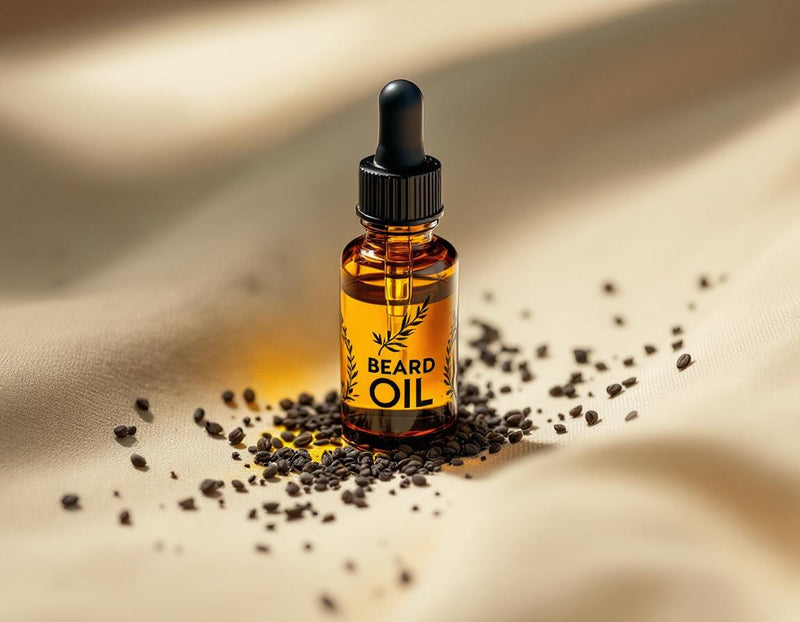 Flacon d’huile de barbe au précieux extrait de graines de nigelle, posé sur un tissu beige, éclairé d’une lumière douce pour souligner son aspect naturel et ses vertus nourrissantes.