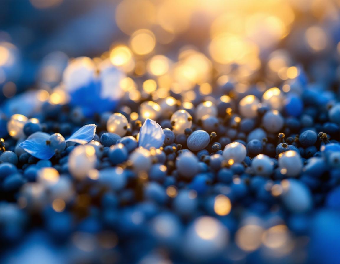 Perles d’ habachia huile de nigelle révélant la brillance des graines de nigelle noires au cœur d’un champ de fleurs bleu tendre, baigné d’une lumière chaude et naturelle. Image
