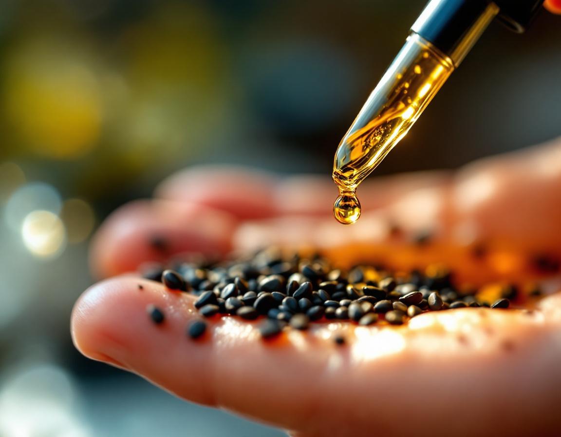 Montre comment utiliser l'huile de nigelle en appliquant une goutte dorée sur le bout des doigts pour un soin naturel, entourée de graines, sous une lumière douce. Image