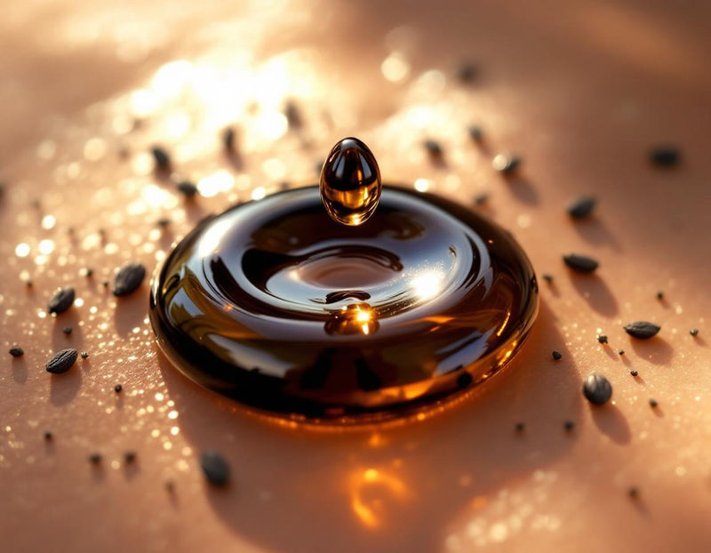 Huile de nigelle acné sublimée par une goutte dorée sur peau à imperfections, graines de nigelle dispersées dans une lumière douce et naturelle, évoquant un rituel beauté apaisant et efficace.