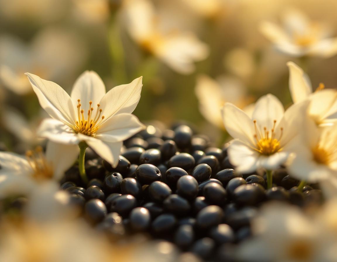 Fleurs de nigelle épanouies autour de graines luisantes, baignant dans la vitamine d3 de la lumière matinale pour révéler l’élégance végétale d’un horizon éthiopien en douceur