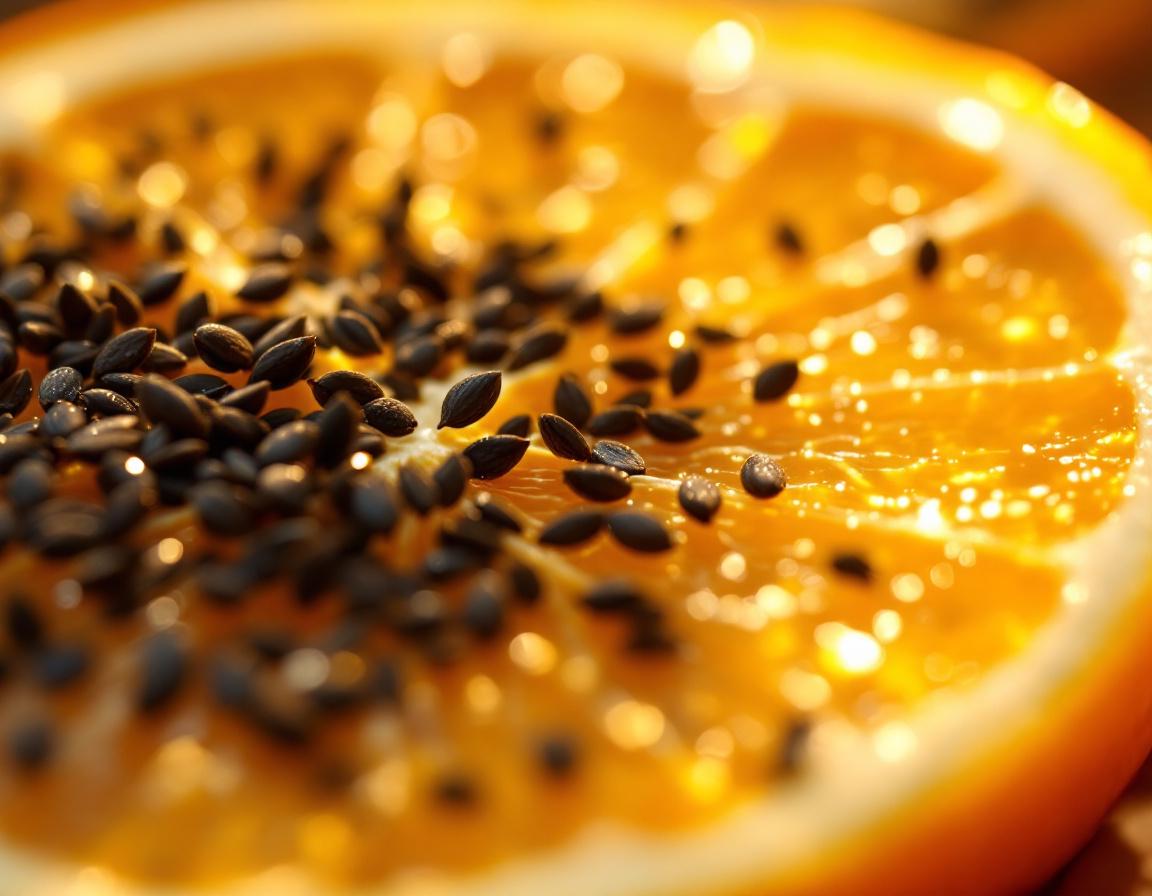 Graines de nigelle luisantes et tranches d’agrumes couvertes de rosée sous une lumière chaleureuse, un tableau botanique délicat soulignant vitamine c bienfaits. Image