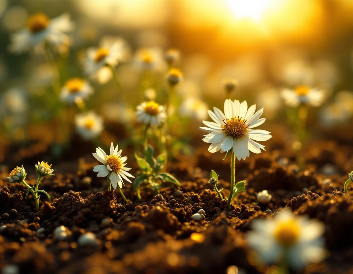 Des pétales de nigelle baignant dans l’huile de lin caressée par la lumière douce de l’aube éthiopienne, petits grains luisants reposant sur une terre battue, révélant chaque détail. Image
