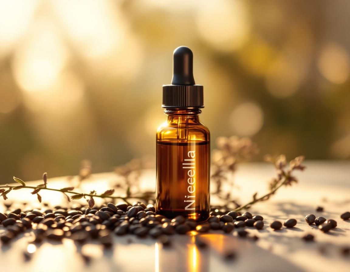 Petite bouteille d'huile dorée de nigelle entourée de graines noires et de feuillages botaniques, éclairée par une lumière douce pour illustrer la nigelle bienfaits sur la santé et le bien-être.